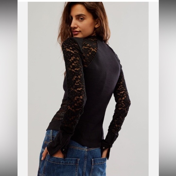 Free People Black Lace Long Sleeve Top - Picture 2 of 9